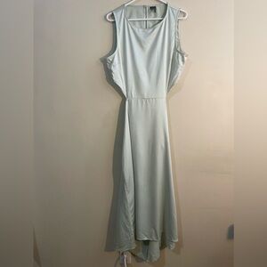 Satin light teal hi-low midi dress with back cut-out